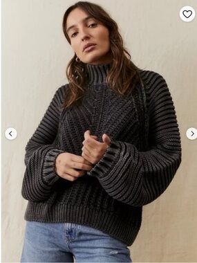 Free People Sweetheart Charcoal Ribbed Balloon-Sleeve Turtleneck Sweater